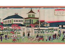 Utagawa Hiroshige III, color illustration of "New Building of No. 5 National Bank and Trading Co.", Japan ca. 1873 , Zimmerli Art Museum. The illustration shows the mixture of Eastern and Western influences from this time period.