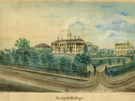 Watercolor depicting Old Queens at Rutgers College