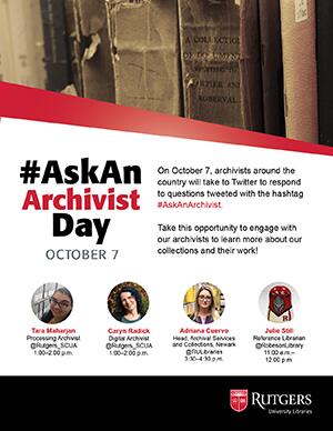 Flyer for a past Ask an Archivist event hosted on Twitter with the time and date for the past October 2020 event