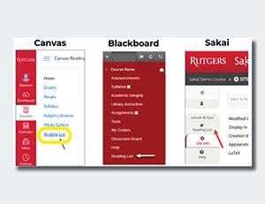 Screengrab of three learning management systems- blackboard, canvas, and Sakai. Each screen grab features the areas where users can access course reserves