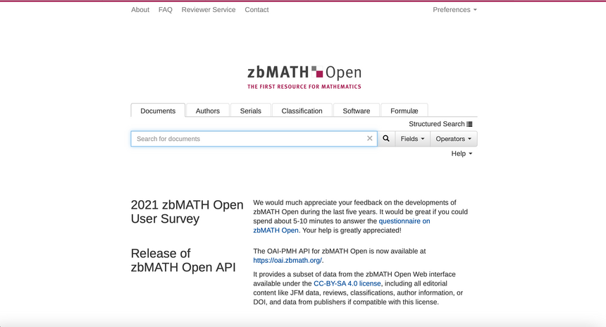 Screenshot of the zbMATH Open database homepage