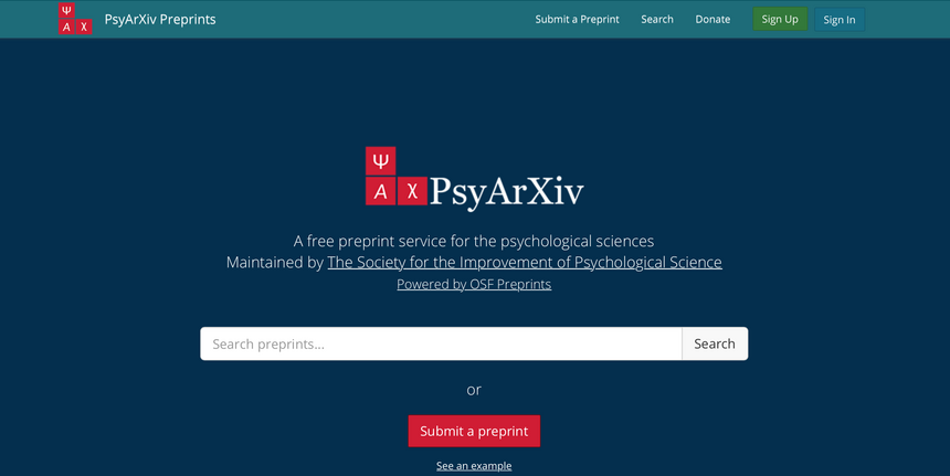 Screenshot of PsyArXiv database homepage