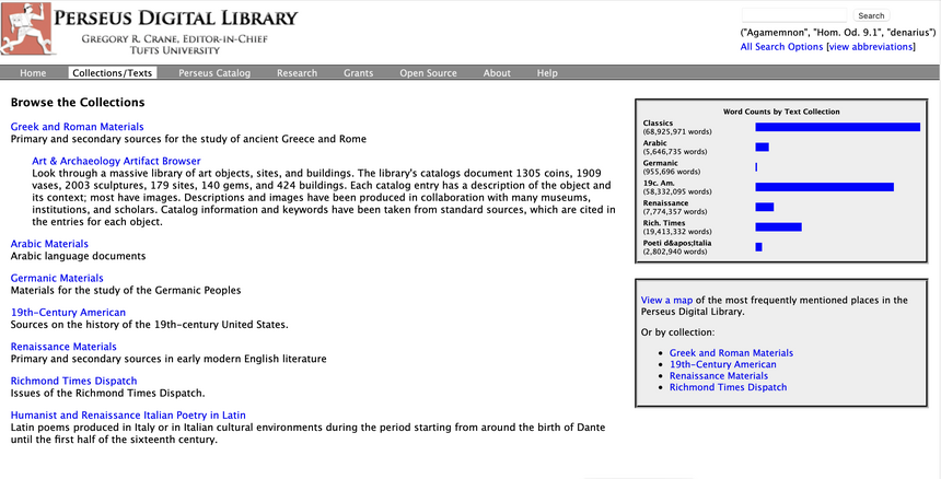 Screenshot of the Perseus Digital Library Collections/Texts Page