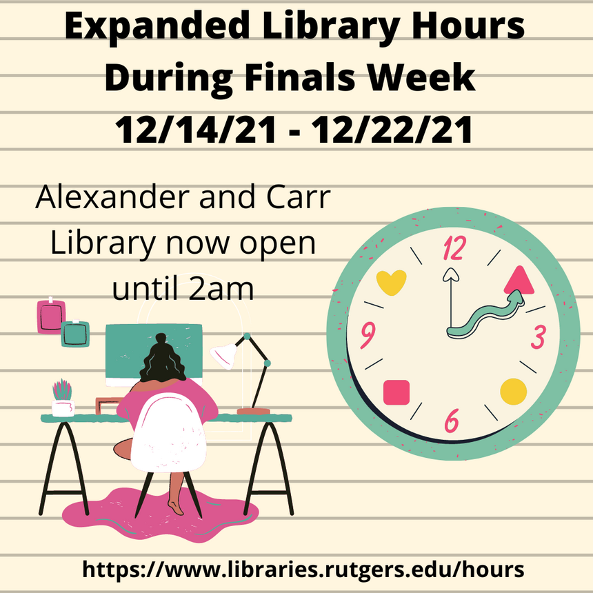 Expanded hours information with graphic of a clock and a student at a desk