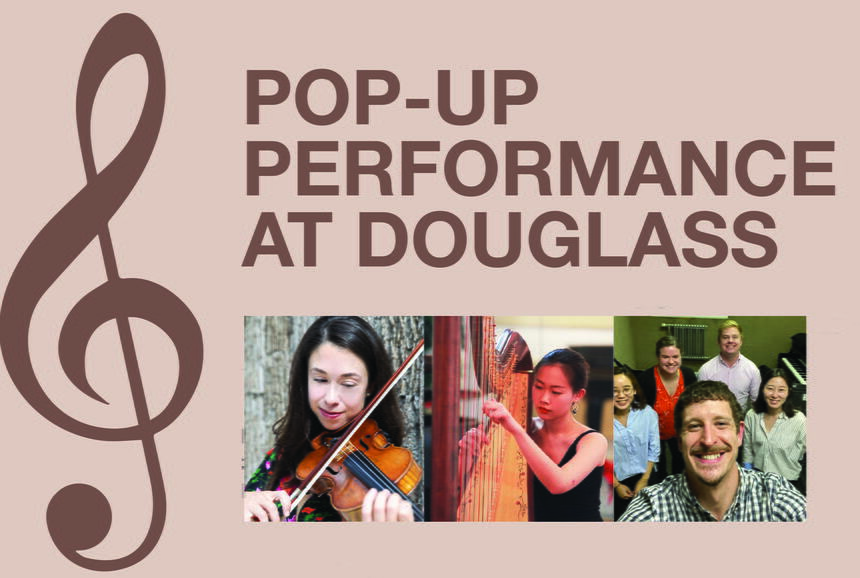 Musical note and performer photos for pop-up performances at Douglass