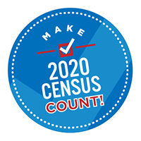 a blue circular logo that has a light blue check on the background. it reads make 2020 census count! between make and 2020 there is a checkbox that is red with a white check mark. make is written above it in white font. 2020 census is written also in white font. count is written in red font with white outlines around each letter. there is a pattern of dots around the border of the logo
