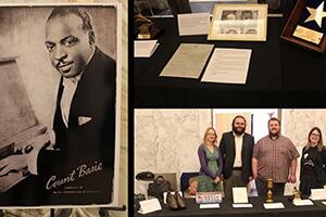 Three images oriented as a collage. One features an image of Count Basie in a suit sitting at a piano. Another features various artifacts from Count Basie. The third image displays three archivists standing behind a table with the featured artifacts.