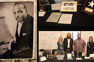 Three images oriented as a collage. One features an image of Count Basie in a suit sitting at a piano. Another features various artifacts from Count Basie. The third image displays three archivists standing behind a table with the featured artifacts.