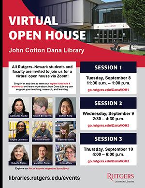 flyer advertising virtual open houses at Dana library in September 2020, featuring images of librarians and archivists. Also denotes the date and session times.