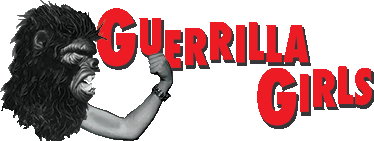 Gif of a gorilla head with a flexing bicep, featuring guerrilla girls in red lettering