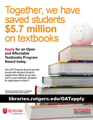 Flyer for the Open and Affordable Textbooks awards, where staff can submit proposals for projects to allow accessibility for low or no cost textbooks. The deadline was April 7, 2021