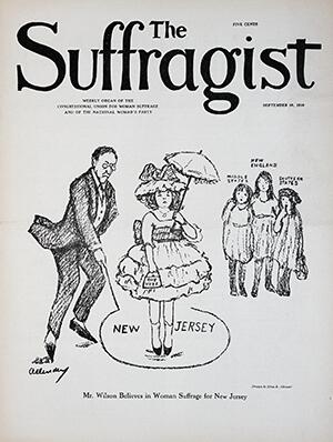 Vintage cover of the Suffragist. the cover depicts several states who are portrayed as women in early 20th century fashion, featuring the woman representing New Jersey to be standing in a circle being drawn by a man, also in early 20th century fashion