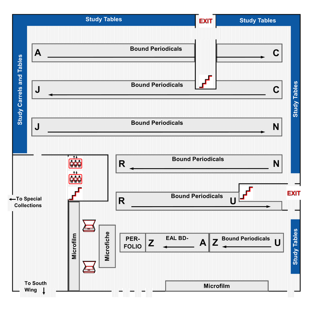 Map of Alexander library's north wing, featuring the periodicals