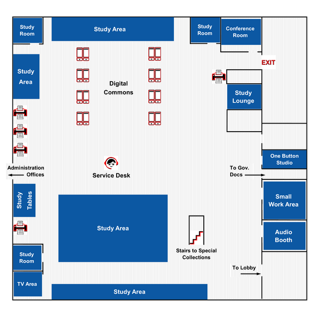 A map of Alexander Library's North wing, featuring the reference collections