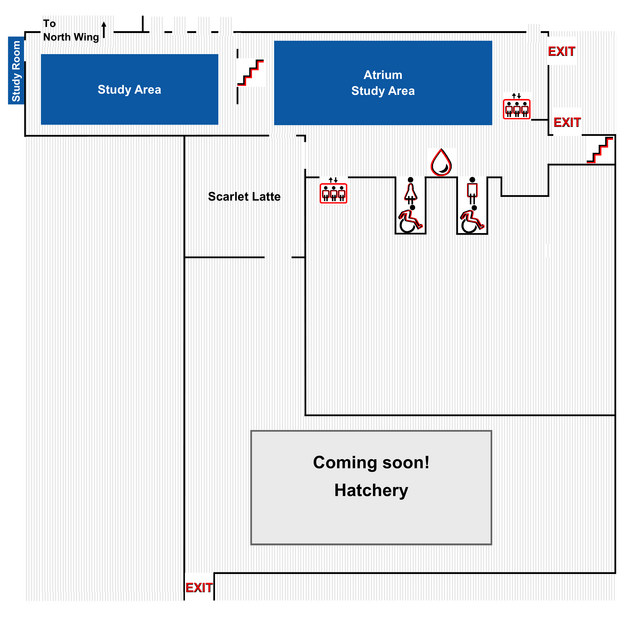 A map of Alexander library's south wing, basement featuring imaging services
