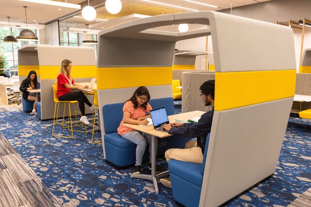 Students using spaces in the Digital Learning Commons