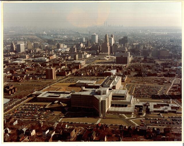 Aerial view of the Newark medical campus looking east