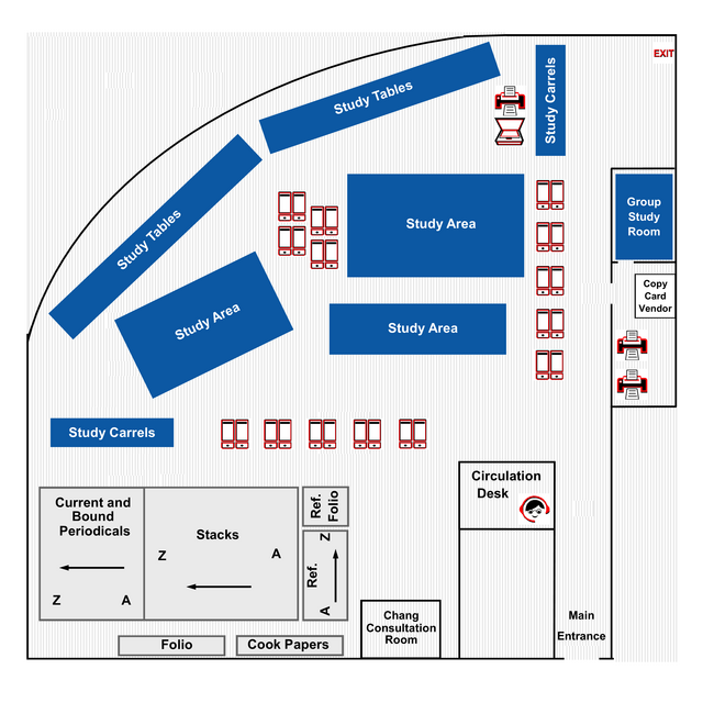 Map of Chang library, featuring study areas