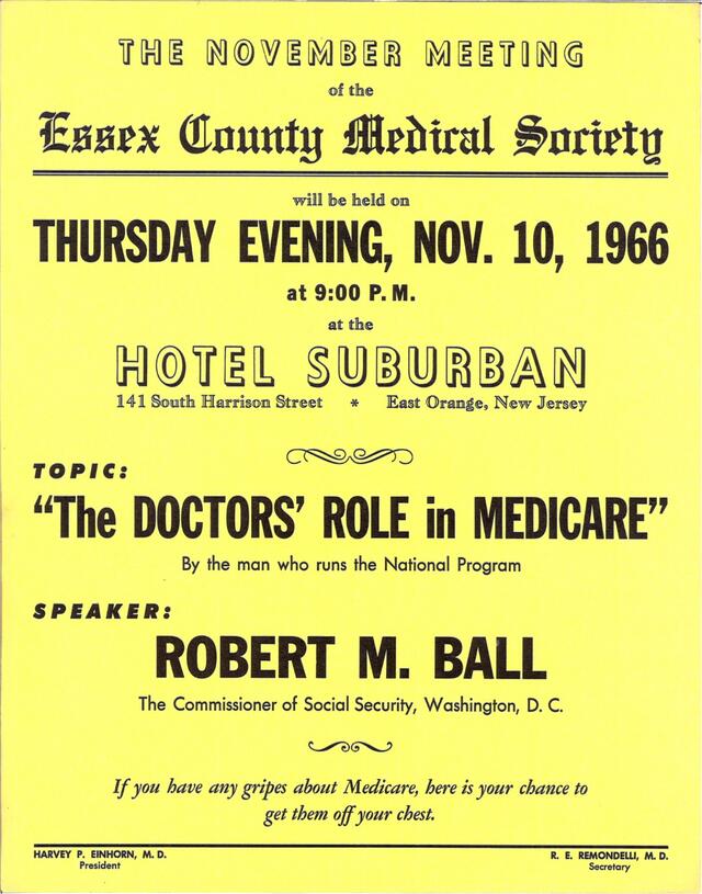 Poster from the Essex County Medical Society advertising a lecture by Robert M Ball called The Doctors' Role in Medicare
