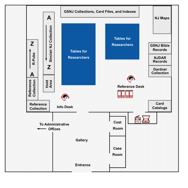 Map of Special collections and university archives in the basement level of Alexander Library