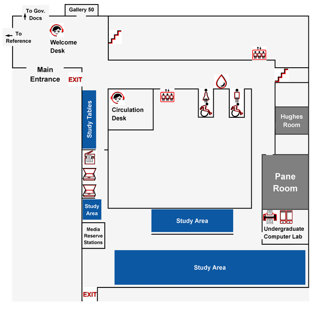 Map of south wing, first floor of the Alexander library located in New Brunswick
