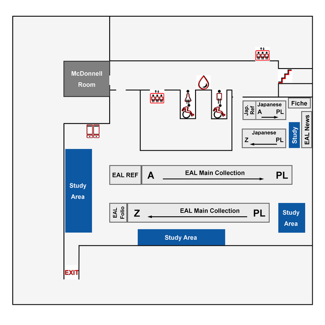 Map of the second floor of the Alexander library, featuring the East Asian Library, located on the New Brunswick campus
