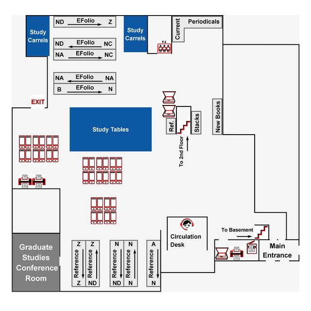 Map of the main floor of the Art library located on the New Brunswick campus