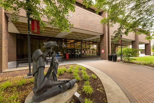 Exterior of carr library showing sculpture