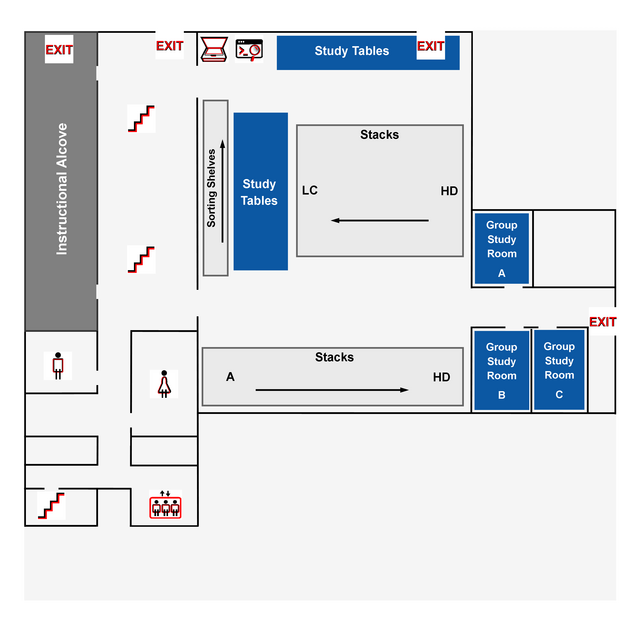 Map of the Douglass library located on the New Brunswick campus, basement level