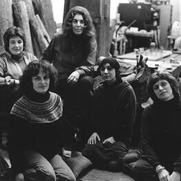 Black and white photo of members of the New York Feminist Art Institute