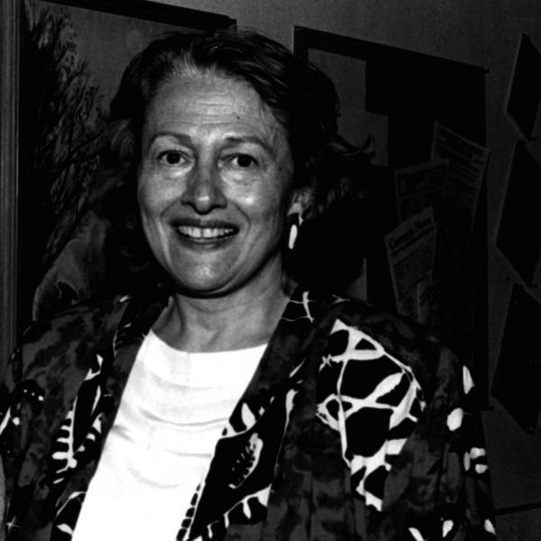Black and white photo of Joan Arbeiter smiling