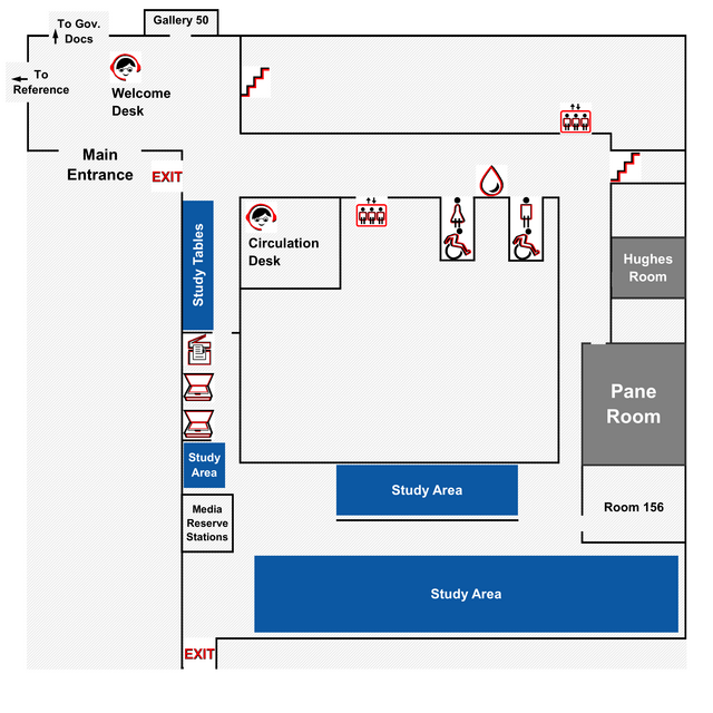 Map of south wing, first floor of the Alexander library located in New Brunswick