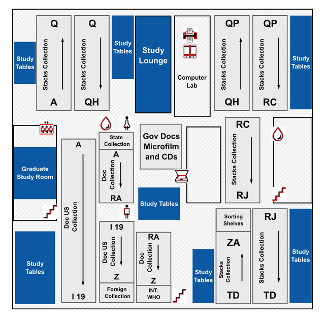 Map of the second floor of the Library of Science & Medicine on Busch campus