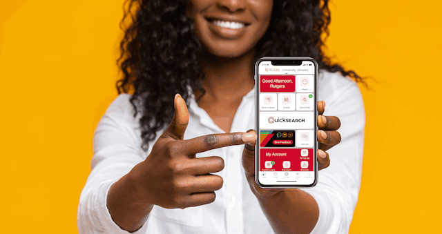 Woman pointing to cell phone running Library Mobile