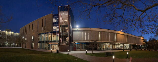 The full west side span of the John Cotton Dana Library, December 5, 2022 at 4:58 pm