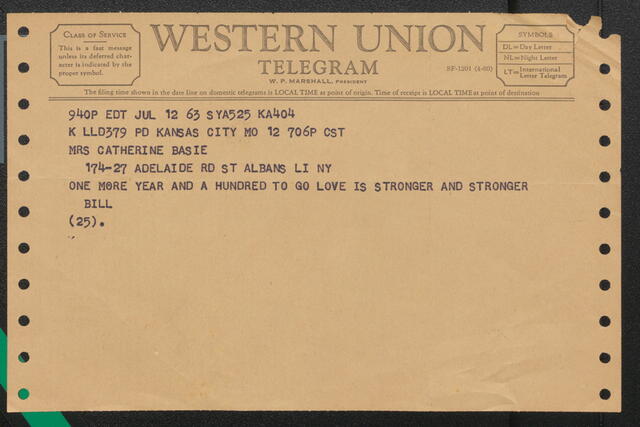 Count Basie's telegram to Catherine Basie on their anniversary (signed "Bill").
