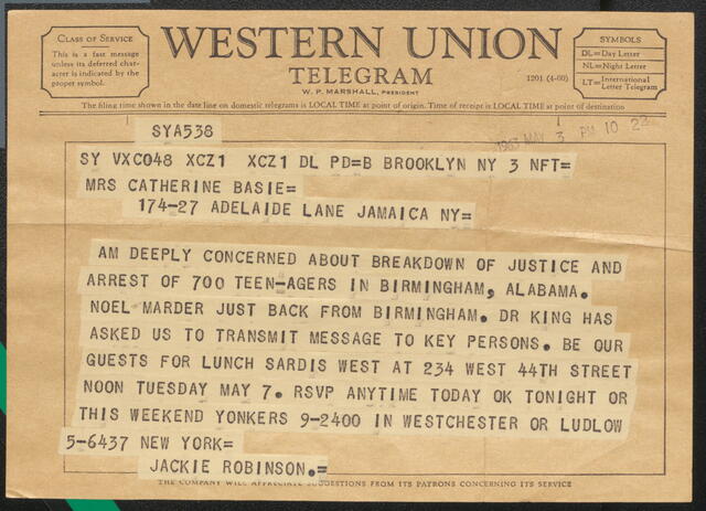 Baseball great Jackie Robinson's telegram to Catherine Basie.