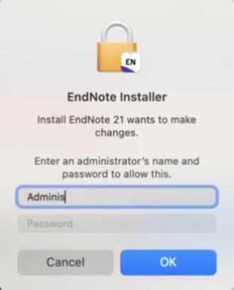 EndNote Installer administrator login prompt