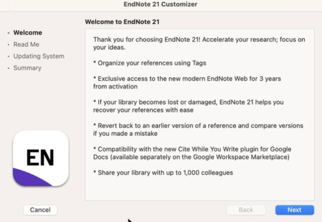 The EndNote 21 Customizer screen with Welcome to EndNote 21 introduction and a Next button to continue the installation process.