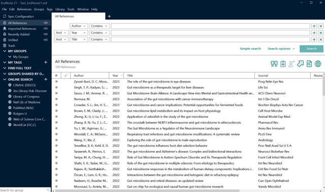 Example EndNote 21 Library for Windows showing a long list of References