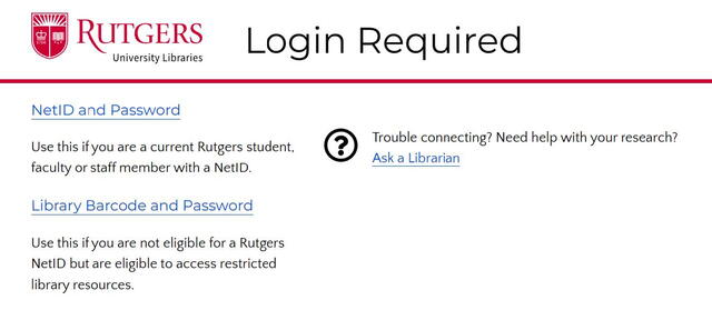 Rutgers Login Required screen with two link options: NetID and Password or Library Barcode and Password 