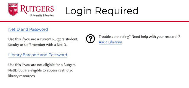 Rutgers Login Required screen with two link options: NetID and Password or Library Barcode and Password