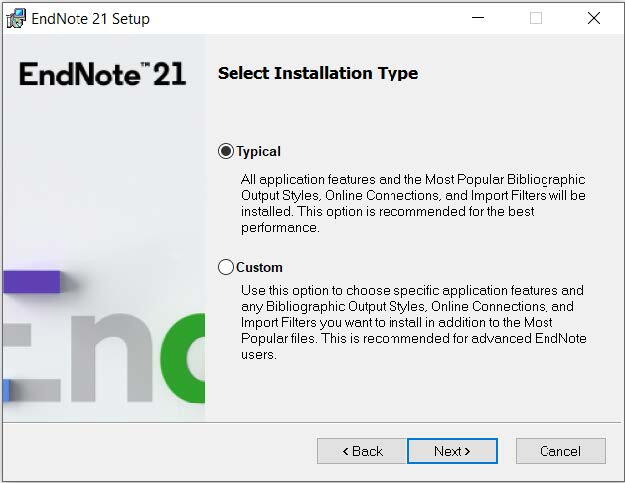 EndNote 21 installation step to Select Installation Type, with the Typical option selected