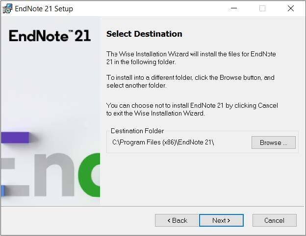 EndNote 21 installation screen to Select Destination for your EndNote files. By default, it places the files in your Program Files directory, but you can change this location