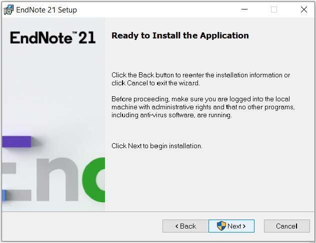 Ready to Install the Application screen for EndNote 21 installation. Click the Next button to begin installation.