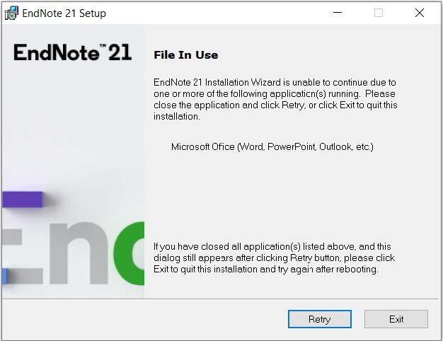 EndNote 21 Installation screen titled, "File in Use". The installation wizard is unable to continue due to running applications. Please close the specified applications and click "Retry" or click "Exit" to quit the installation.