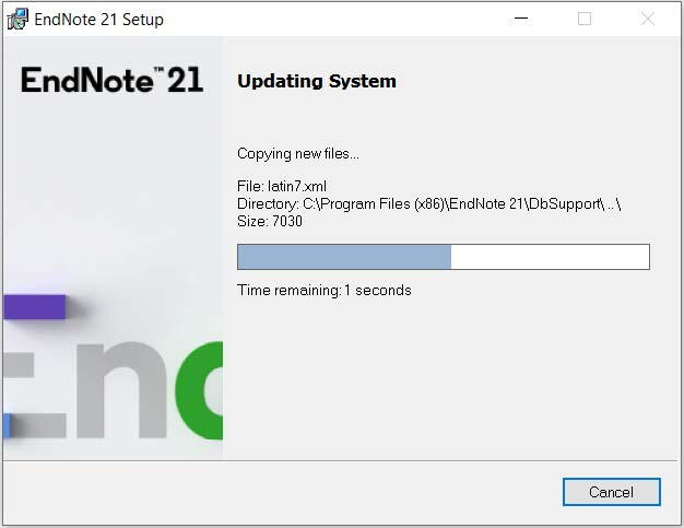 EndNote 21 Updating System installation screen. Files are being copied into the selected directory.