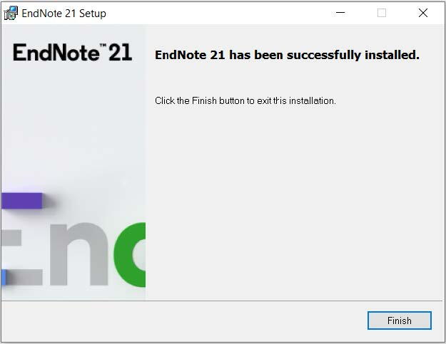 Screen stating EndNote 21 has been successfully installed. Click the Finish button to exit the installation.