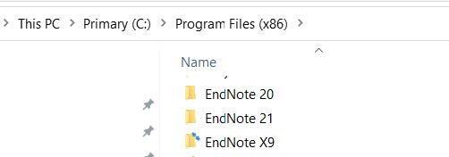 List of files in the Program Files (x86) directory of the user's Primary (C:) drive, including EndNote 21