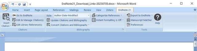 Open Microsoft Word document with right-most tab labeled EndNote 21